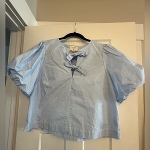 Kate Spade for Target Striped Light Blue Tie-Front Puff Sleeve Blouse